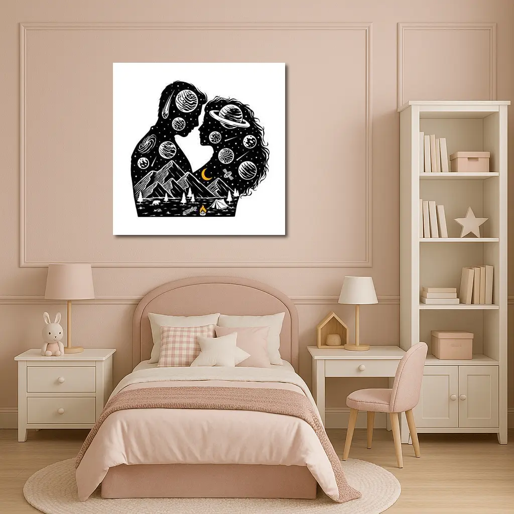 Couple Silhouette Space Planets Camping Night – Wall Art