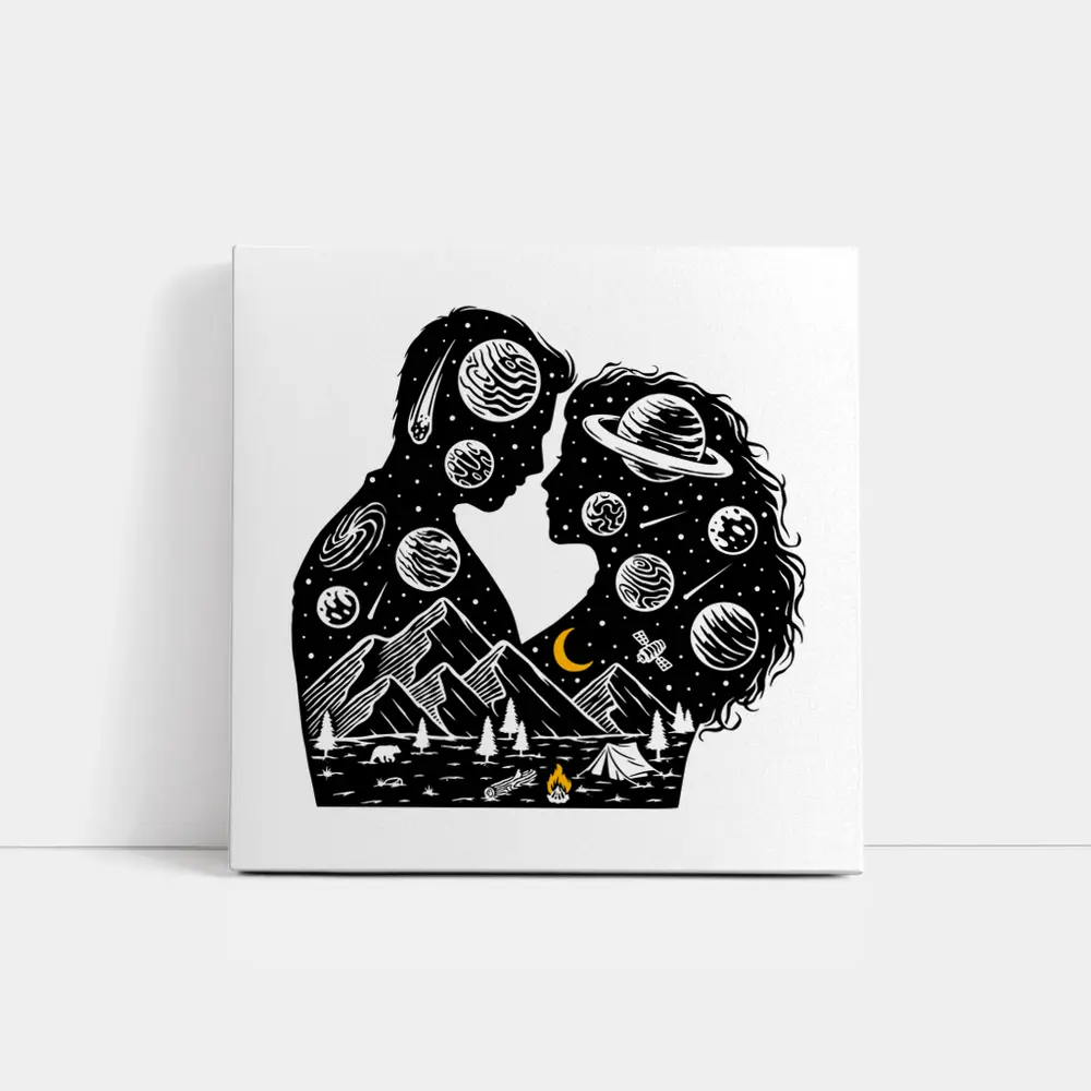 Couple Silhouette Space Planets Camping Night – Wall Art