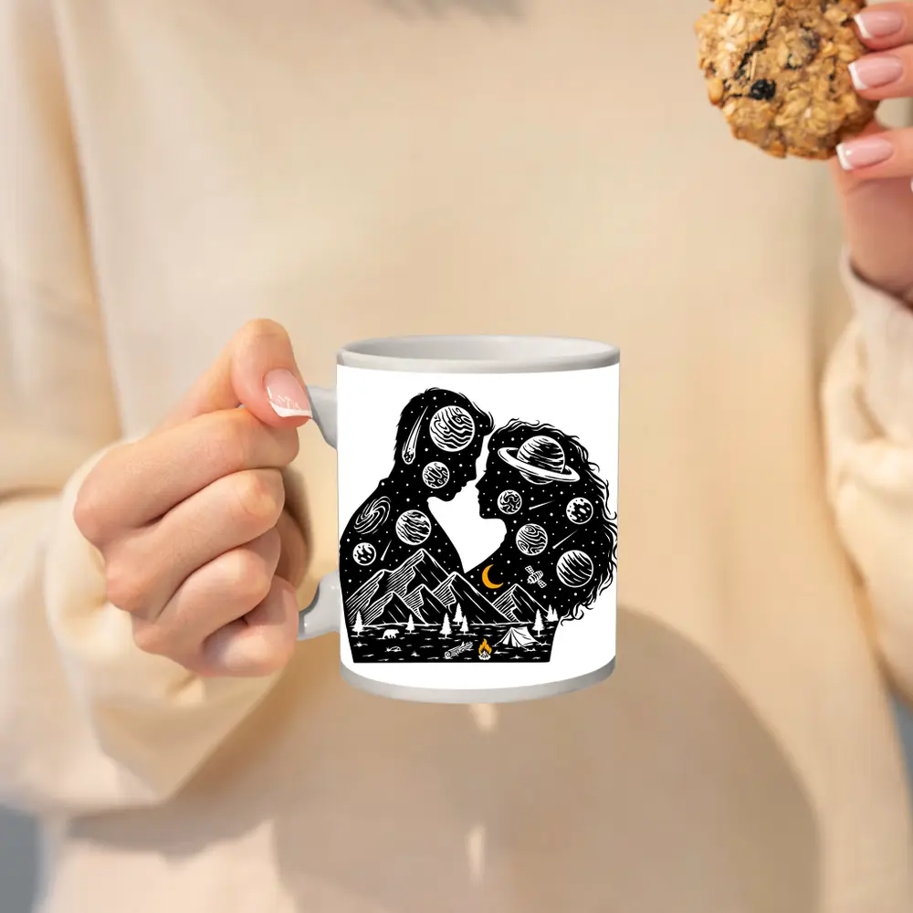 Couple Silhouette Space Planets Camping Night – Mugs