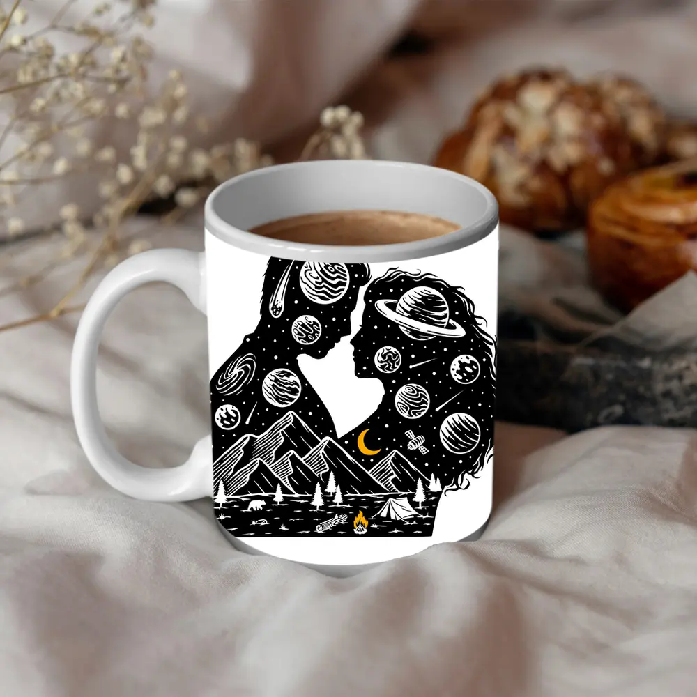 Couple Silhouette Space Planets Camping Night – Mugs
