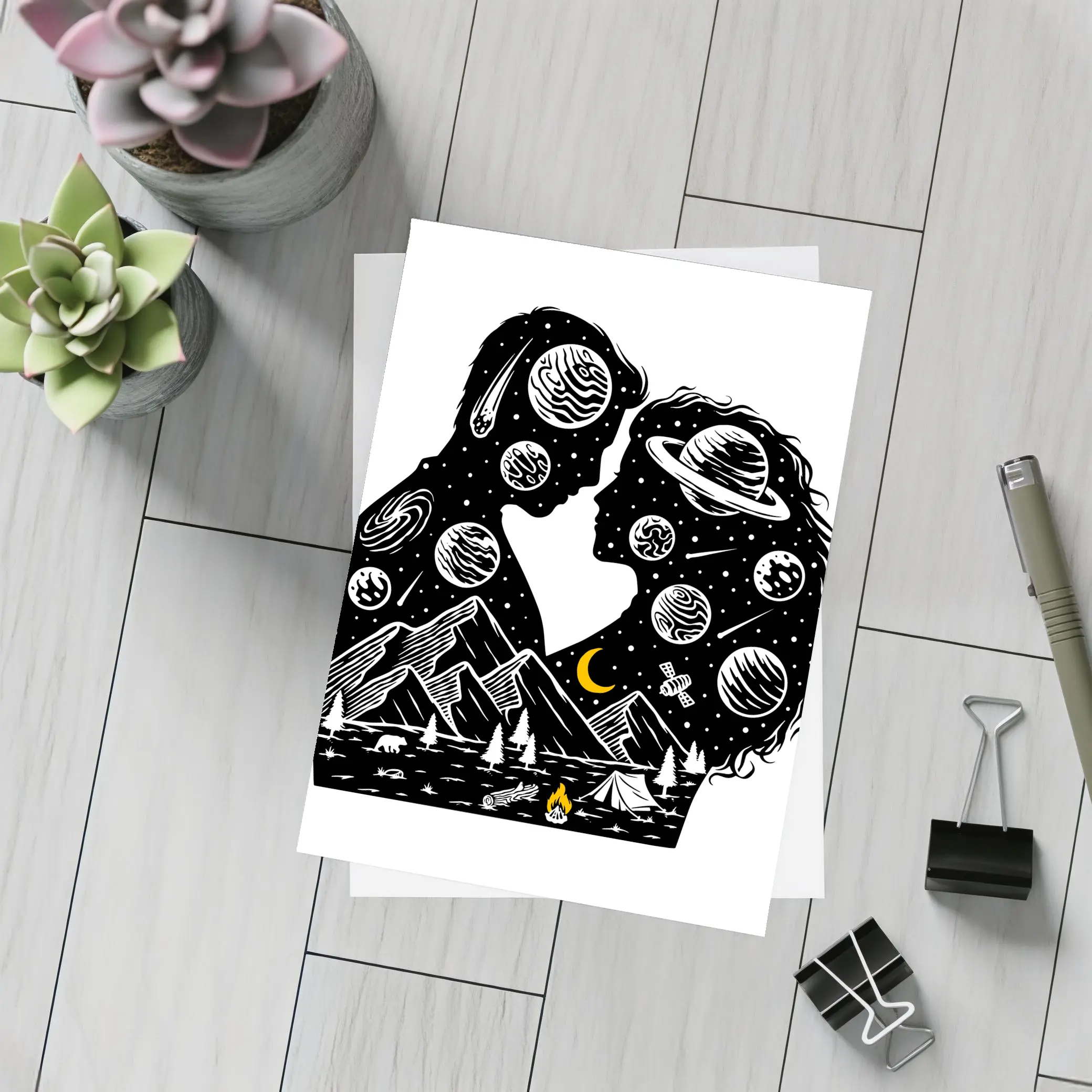 Couple Silhouette Space Planets Camping Night – Postcards