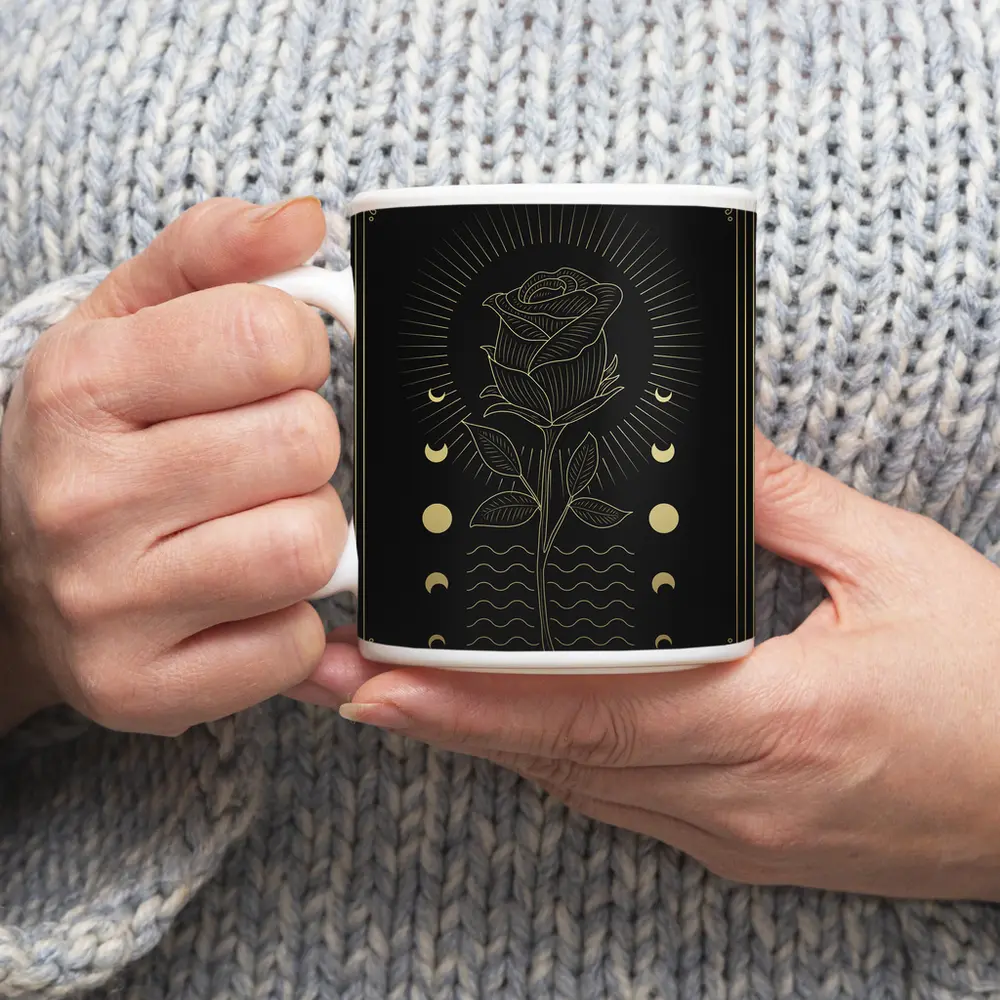 Gold Rose Moon Phases Dark Mystical Art – Mugs