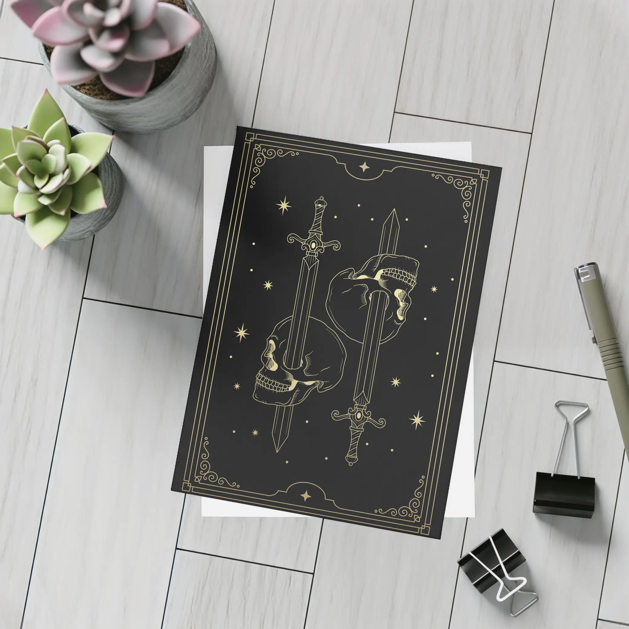 Gold Skull Swords Dark Mystical Tarot Art – Postcards