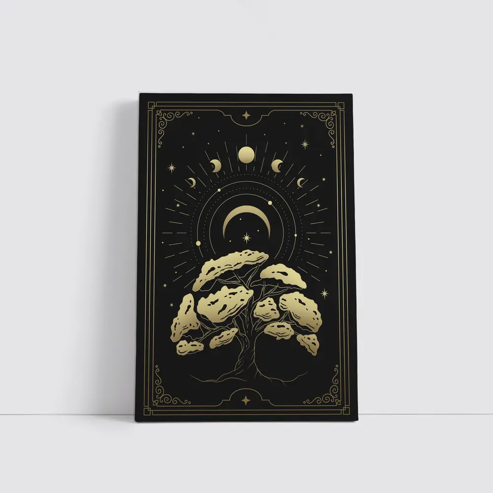 Gold Mystical Tree Moon Phases Black – Wall Art