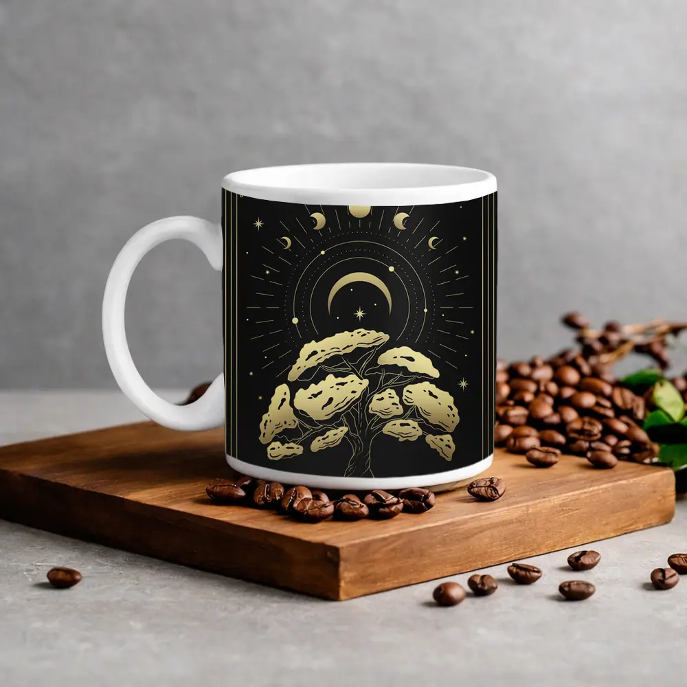 Gold Mystical Tree Moon Phases Black – Mugs