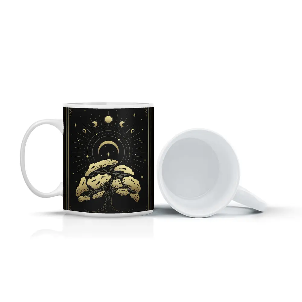 Gold Mystical Tree Moon Phases Black – Mugs