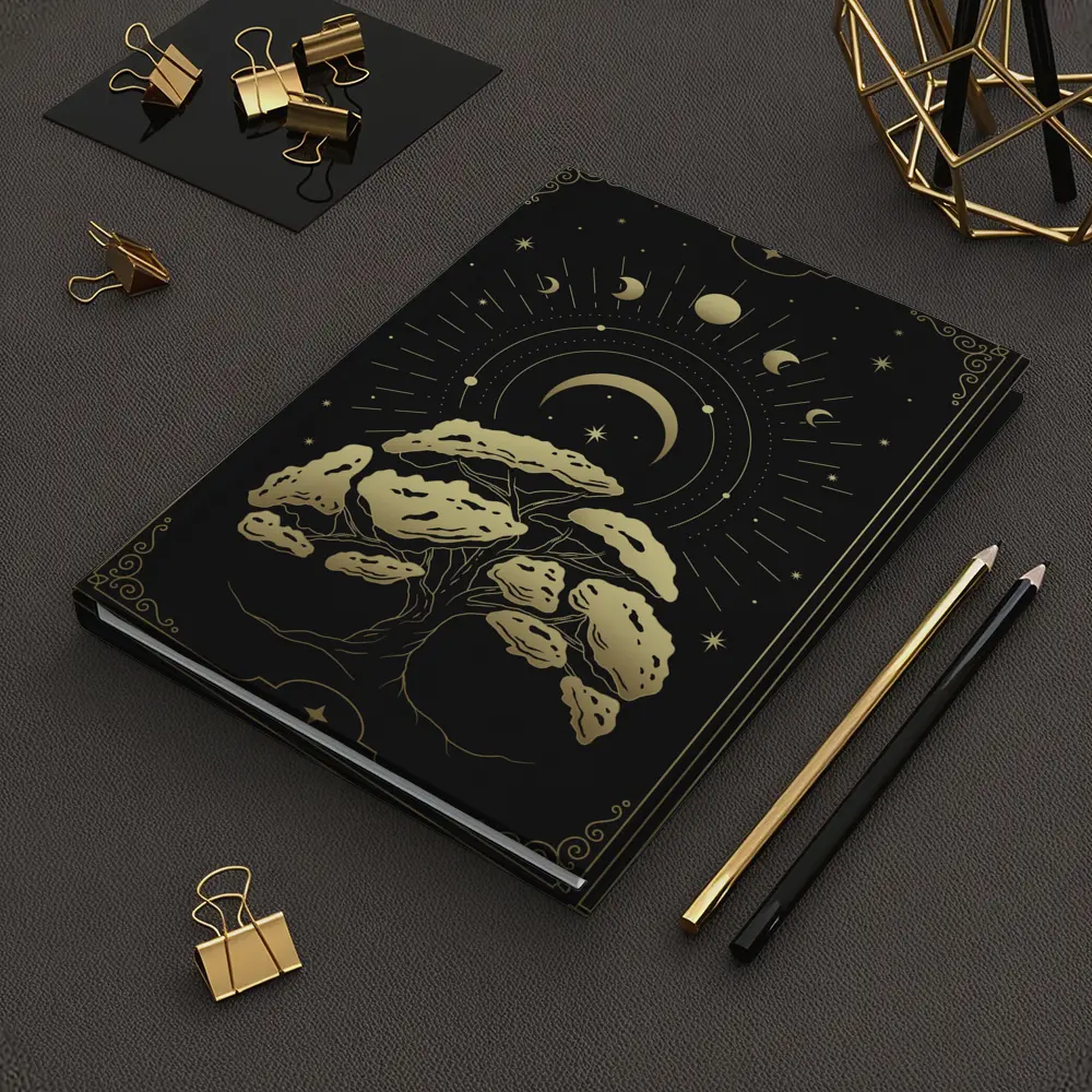 Gold Mystical Tree Moon Phases Black – Notebooks