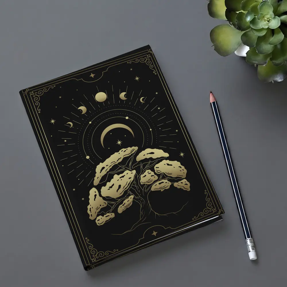 Gold Mystical Tree Moon Phases Black – Notebooks