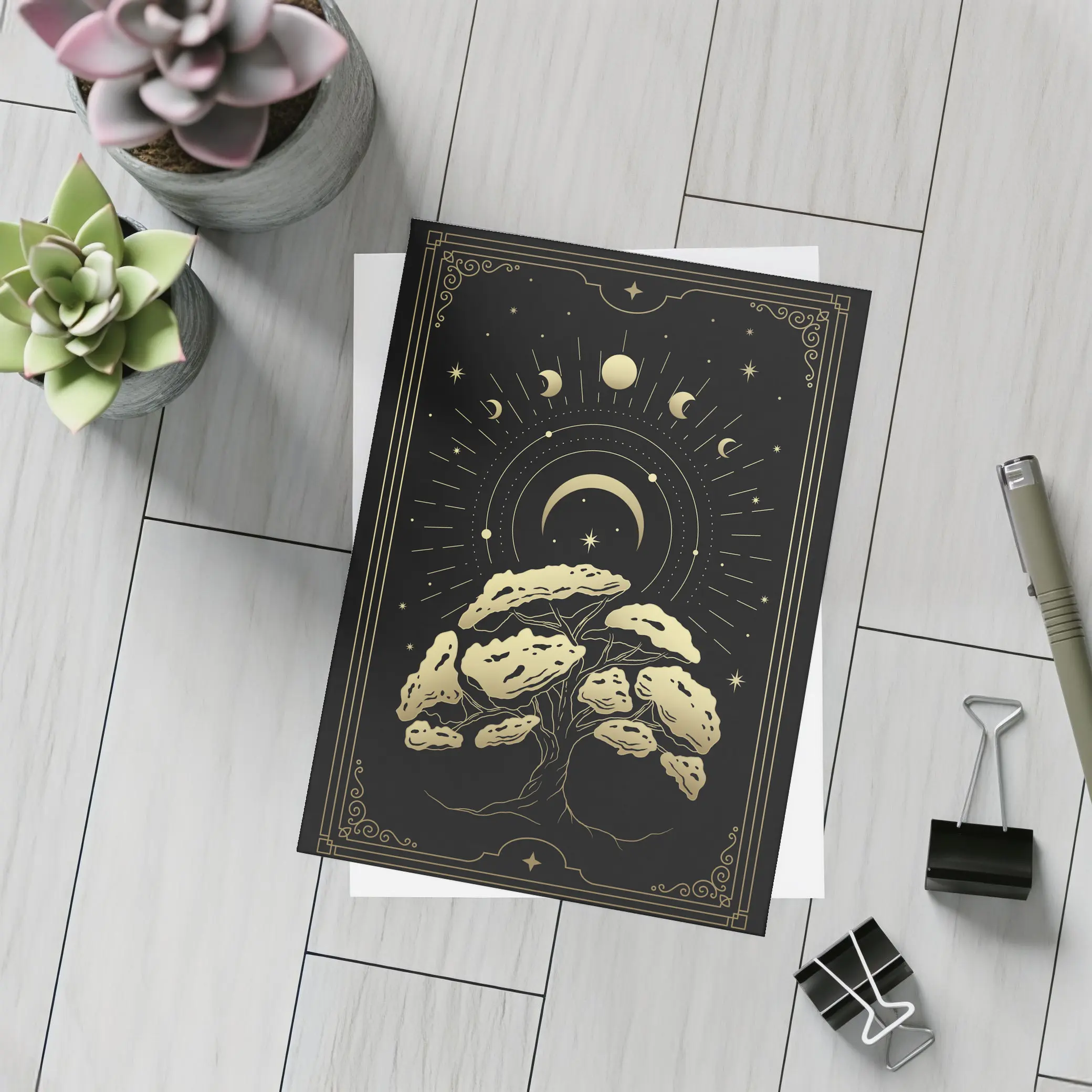 Gold Mystical Tree Moon Phases Black – Postcards