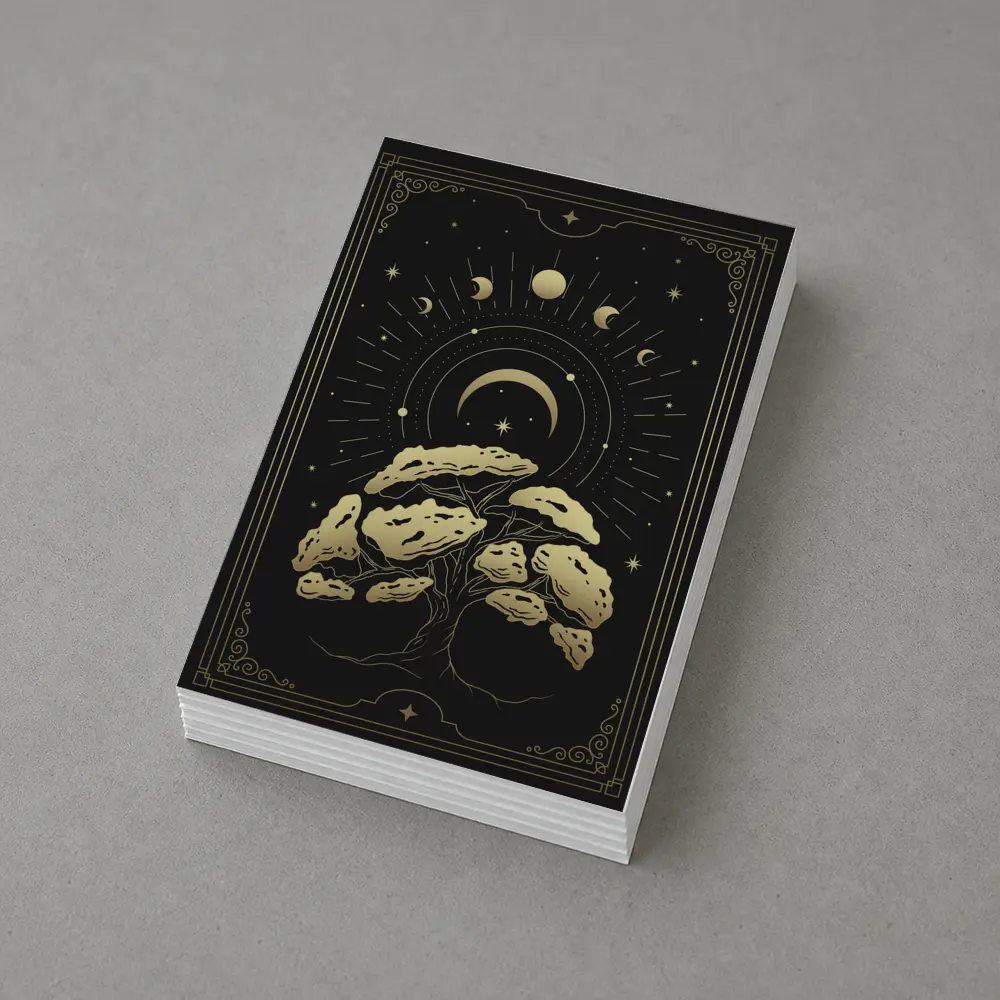 Gold Mystical Tree Moon Phases Black – Postcards