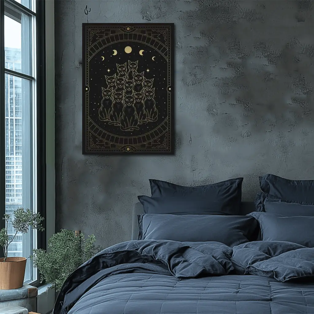 Black Cats Gold Moon Phases Night Sky – Wall Art