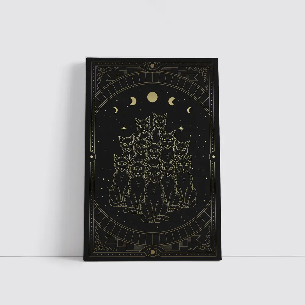 Black Cats Gold Moon Phases Night Sky – Wall Art