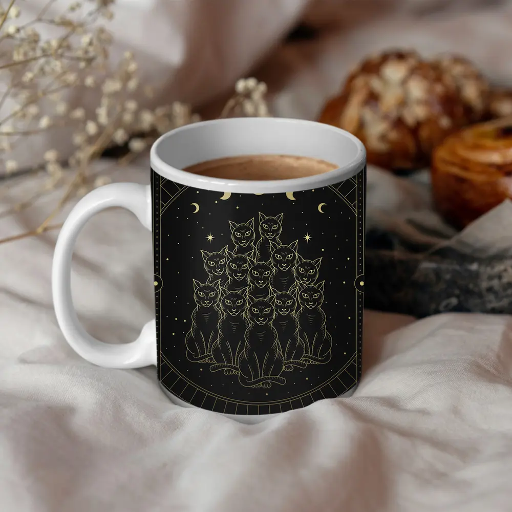 Black Cats Gold Moon Phases Night Sky – Mugs