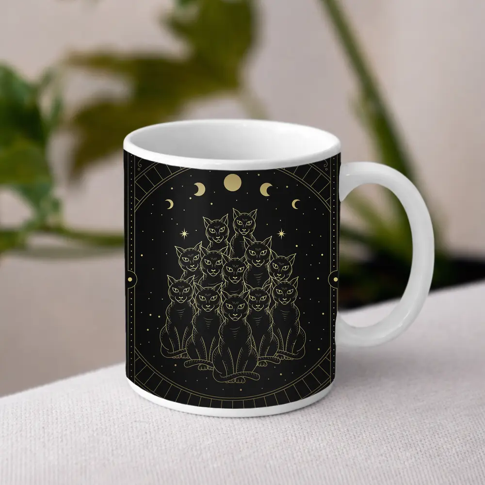 Black Cats Gold Moon Phases Night Sky – Mugs
