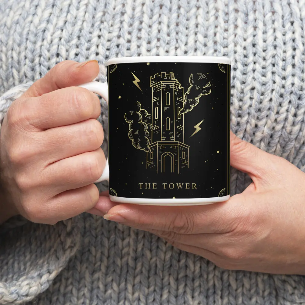 The Tower Tarot Card Gold Black Art – Mugs