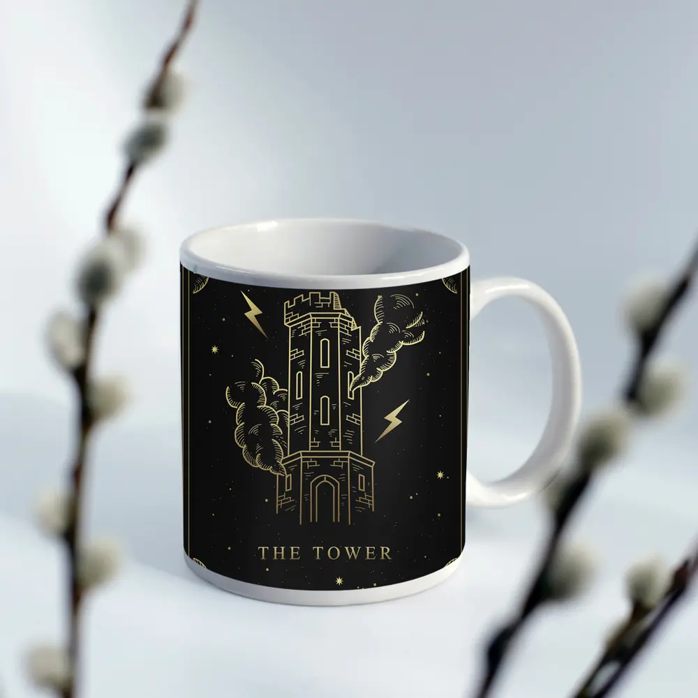 The Tower Tarot Card Gold Black Art – Mugs
