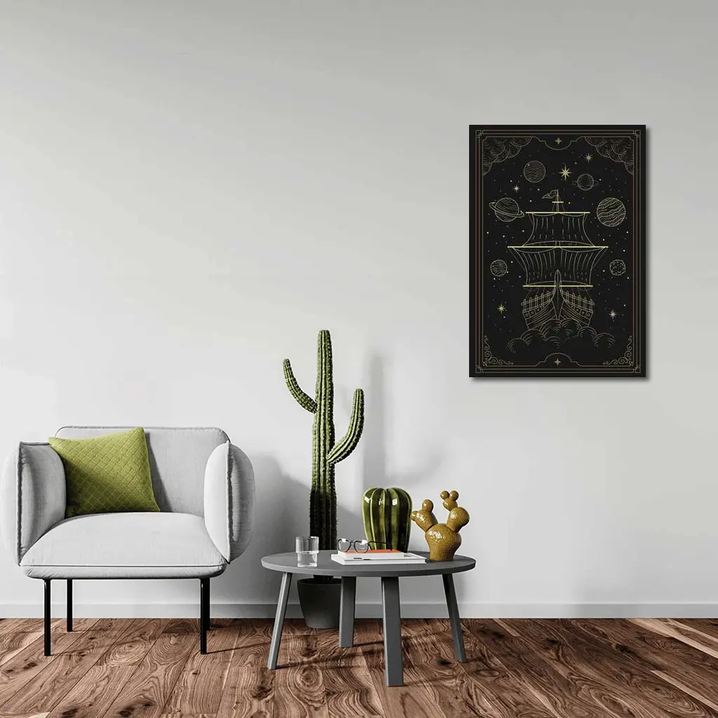 Gold Celestial Ship Sailing Through Space – Wall Art