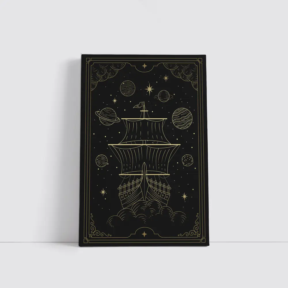 Gold Celestial Ship Sailing Through Space – Wall Art