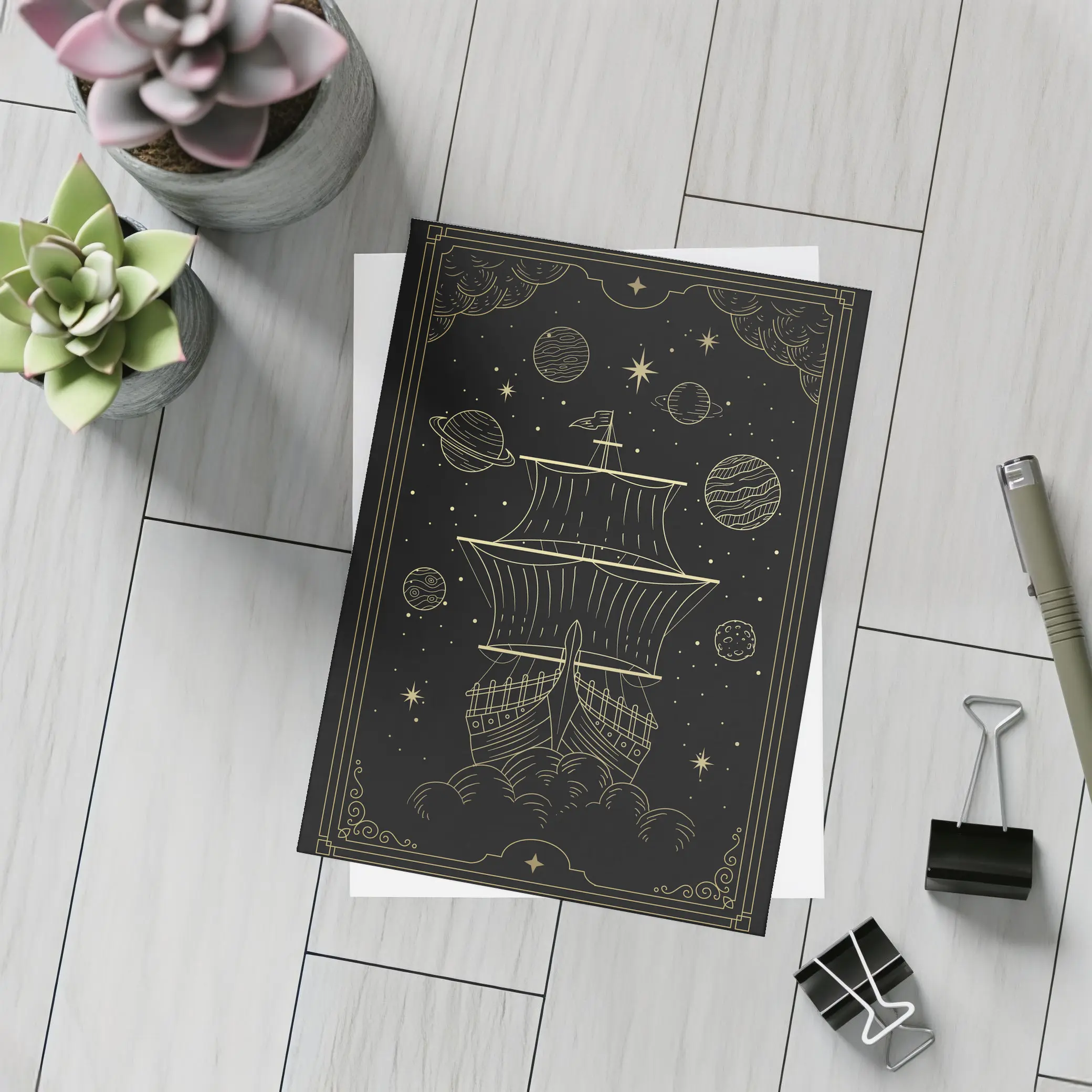 Gold Celestial Ship Sailing Through Space – Postcards