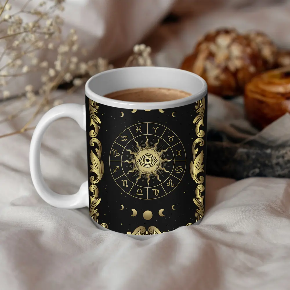 Zodiac Wheel All Seeing Eye Gold Black – Mugs