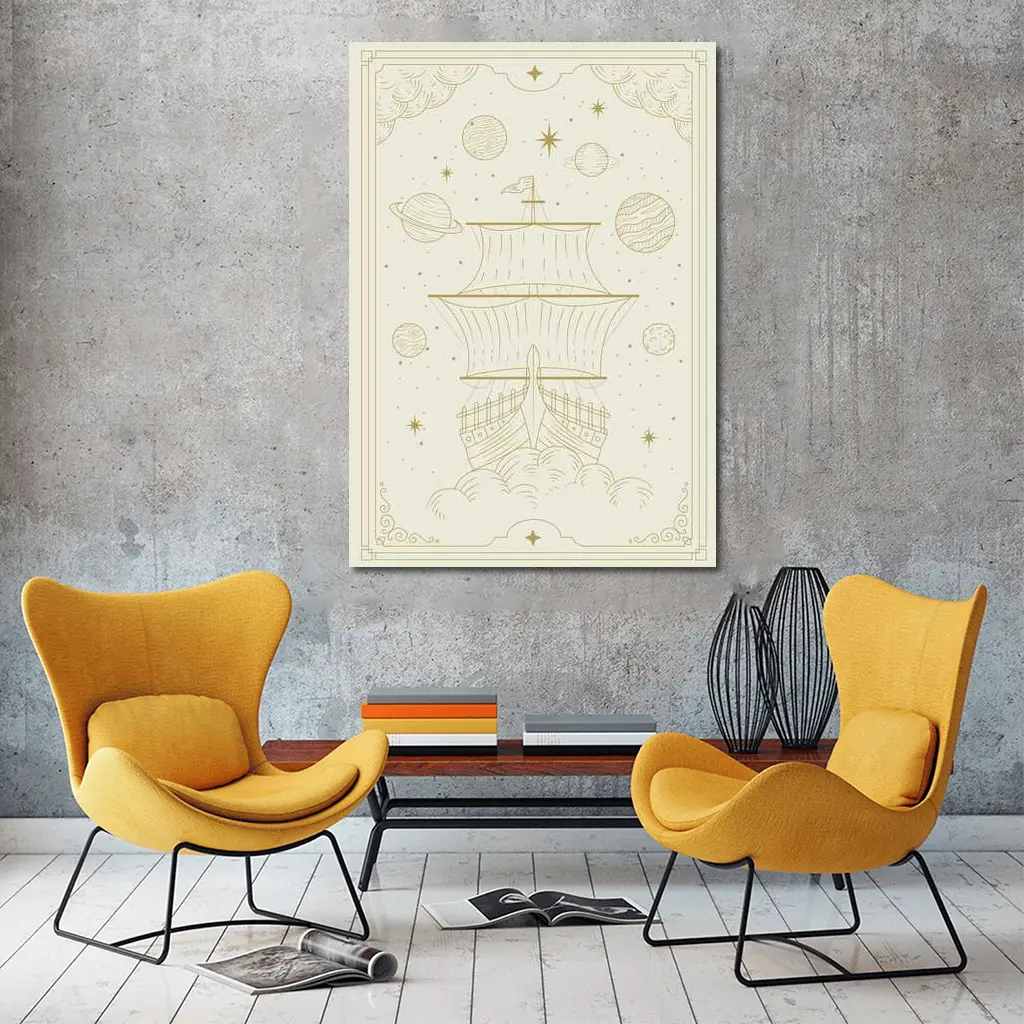 Celestial Sailing Ship Gold Line Art – Wall Art