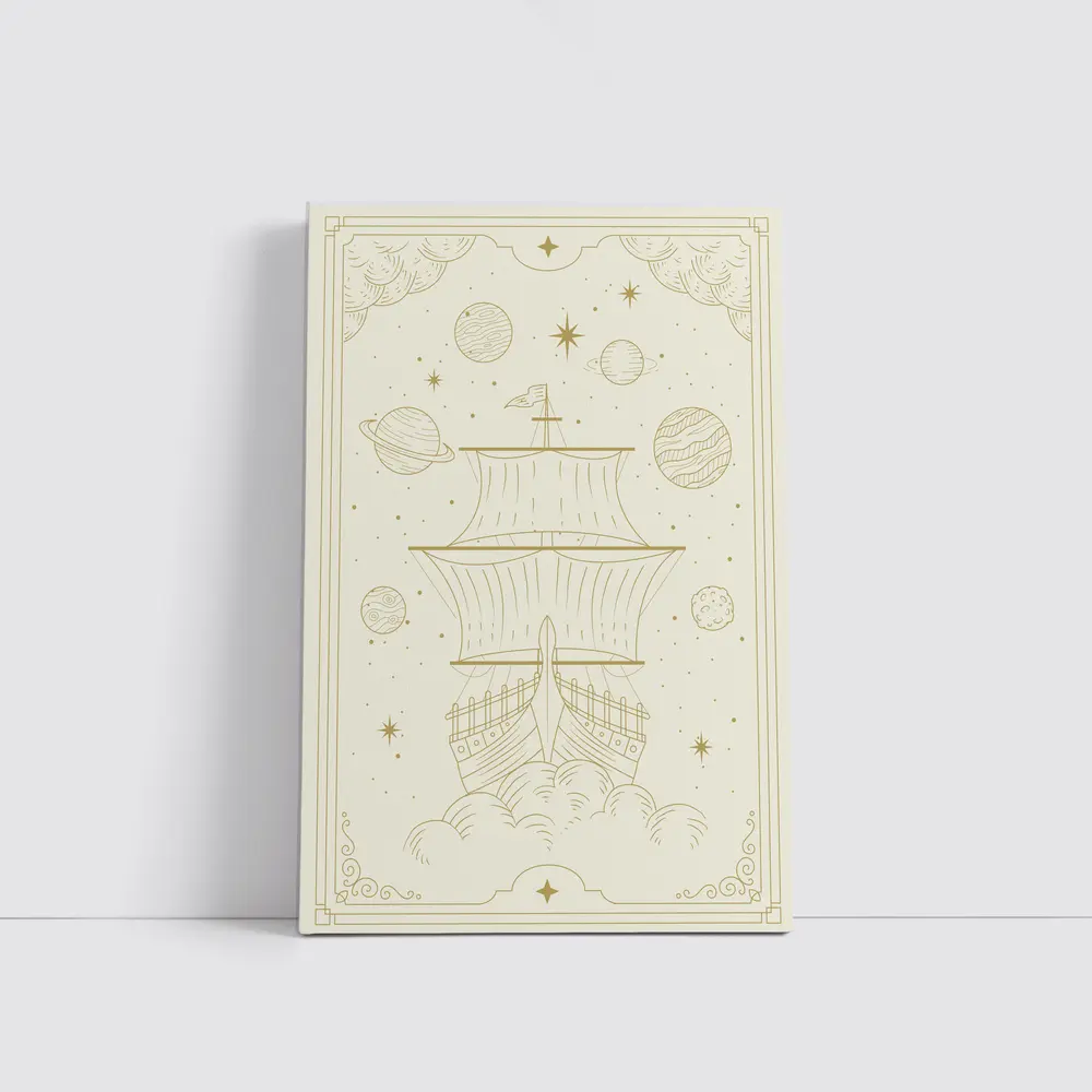 Celestial Sailing Ship Gold Line Art – Wall Art