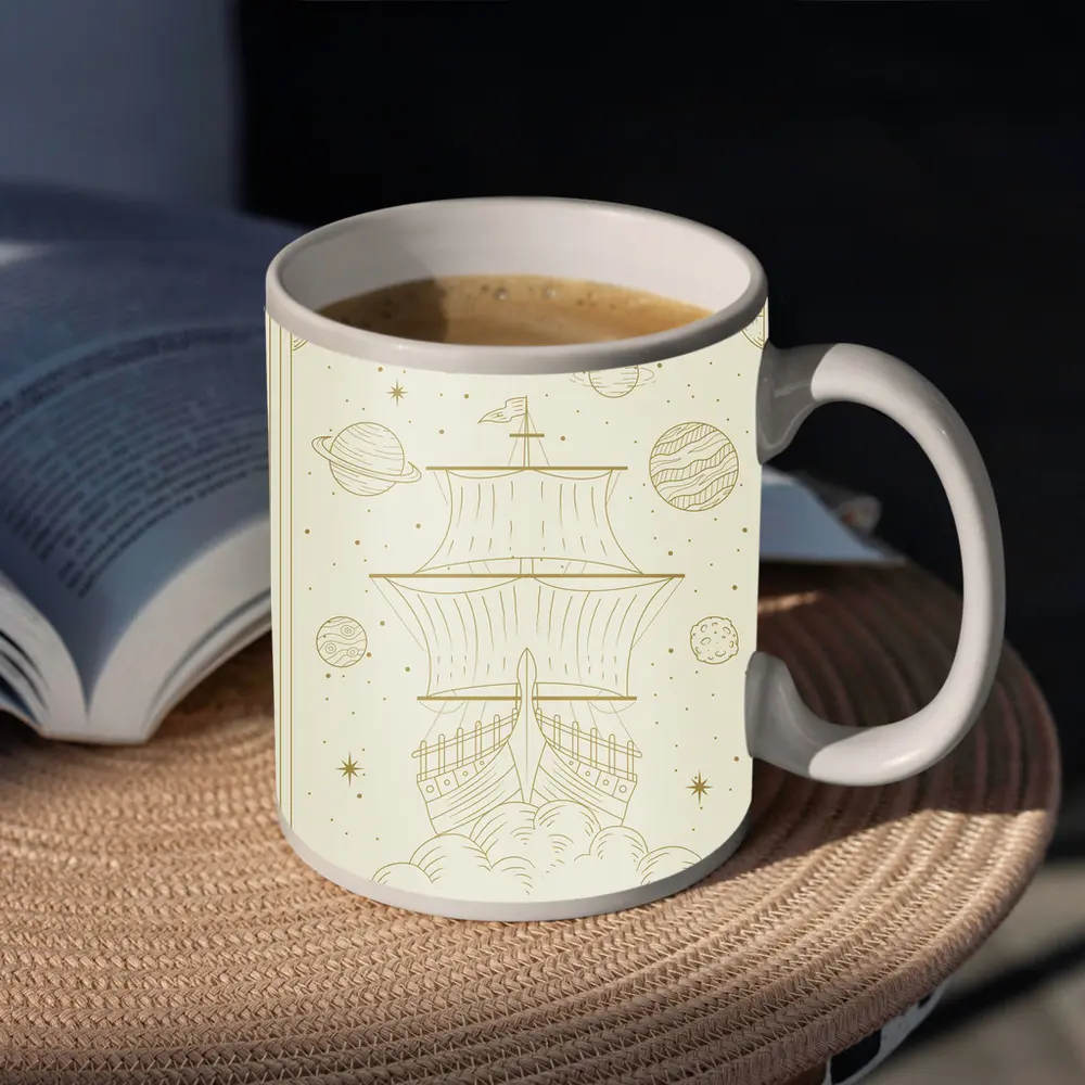 Celestial Sailing Ship Gold Line Art – Mugs