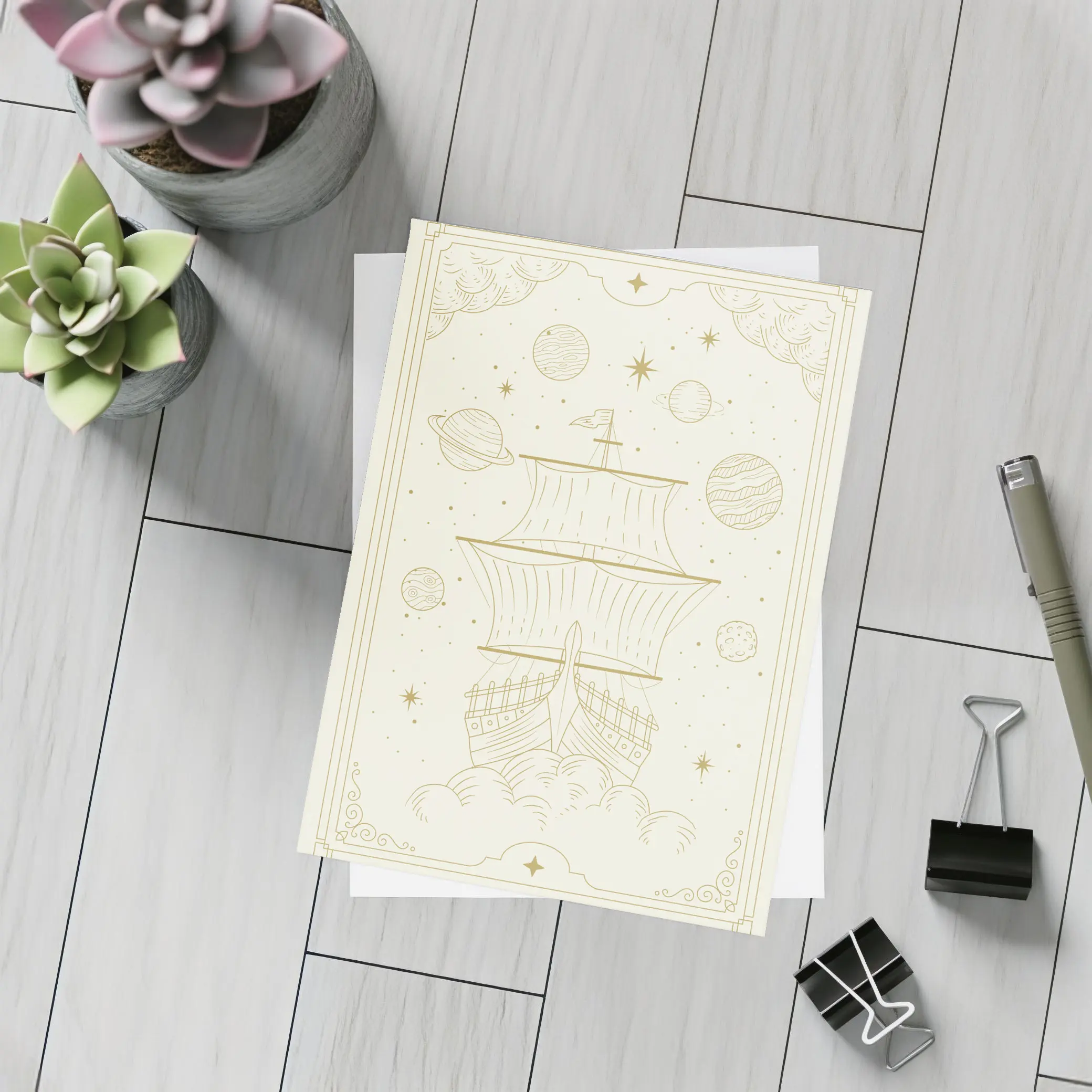 Celestial Sailing Ship Gold Line Art – Postcards
