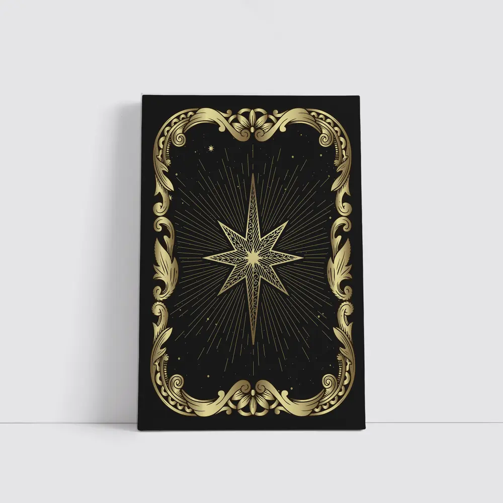 Gold Eight Point Star Black Background – Wall Art