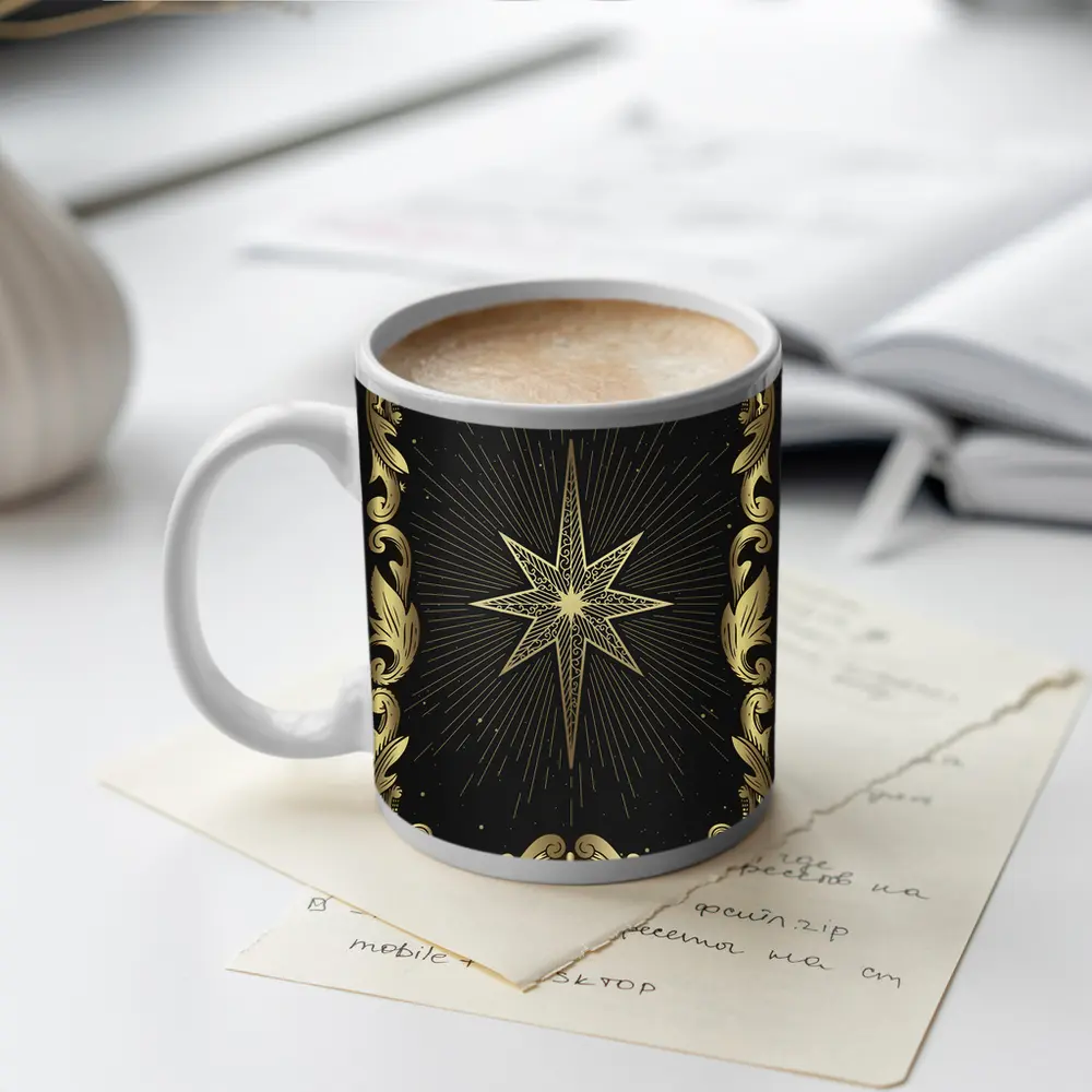 Gold Eight Point Star Black Background – Mugs