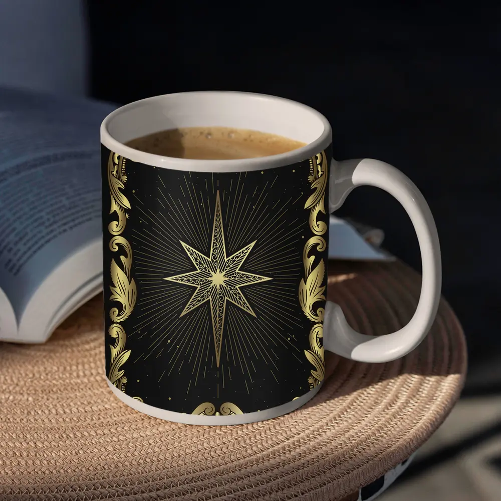 Gold Eight Point Star Black Background – Mugs