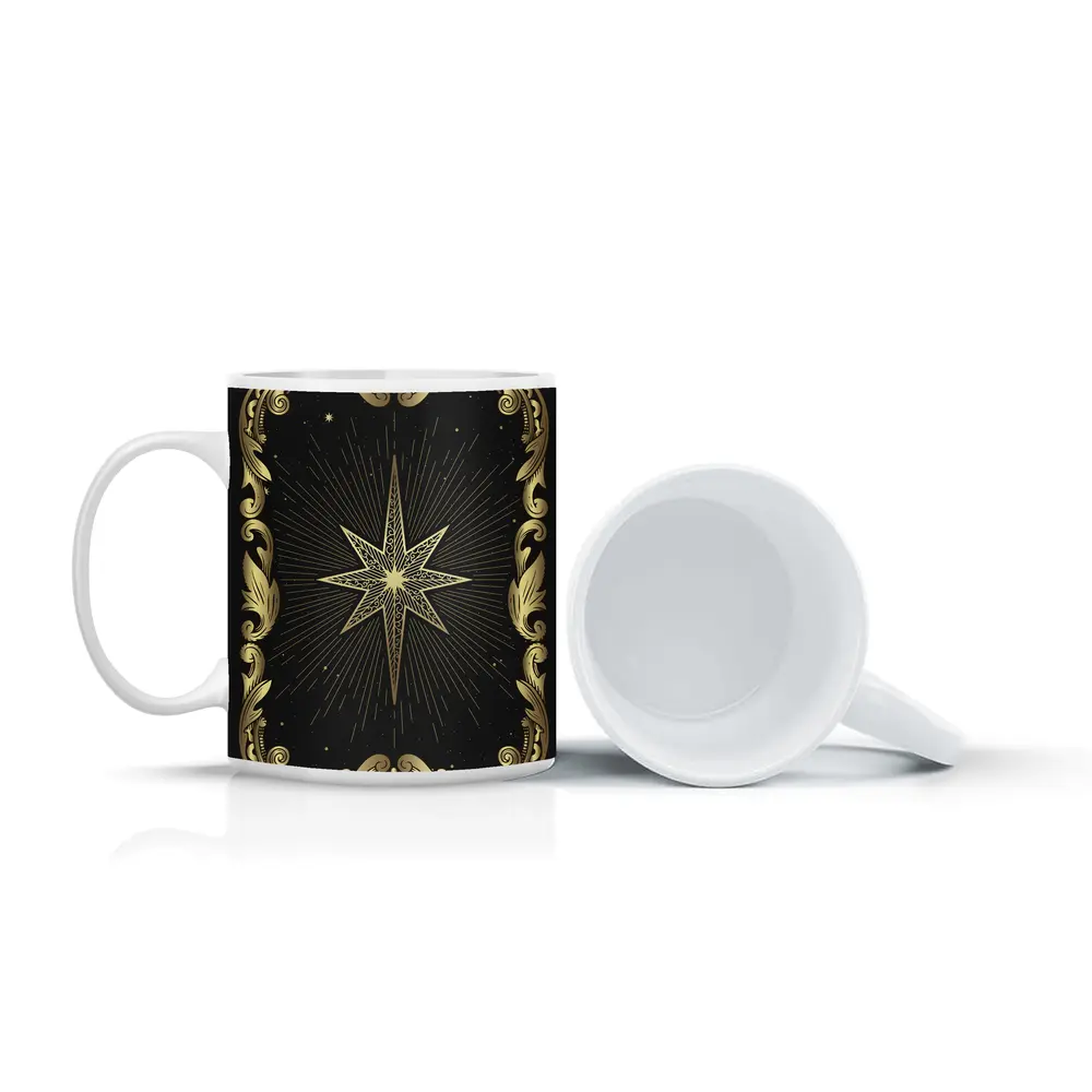 Gold Eight Point Star Black Background – Mugs