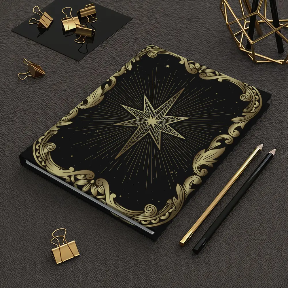 Gold Eight Point Star Black Background – Notebooks