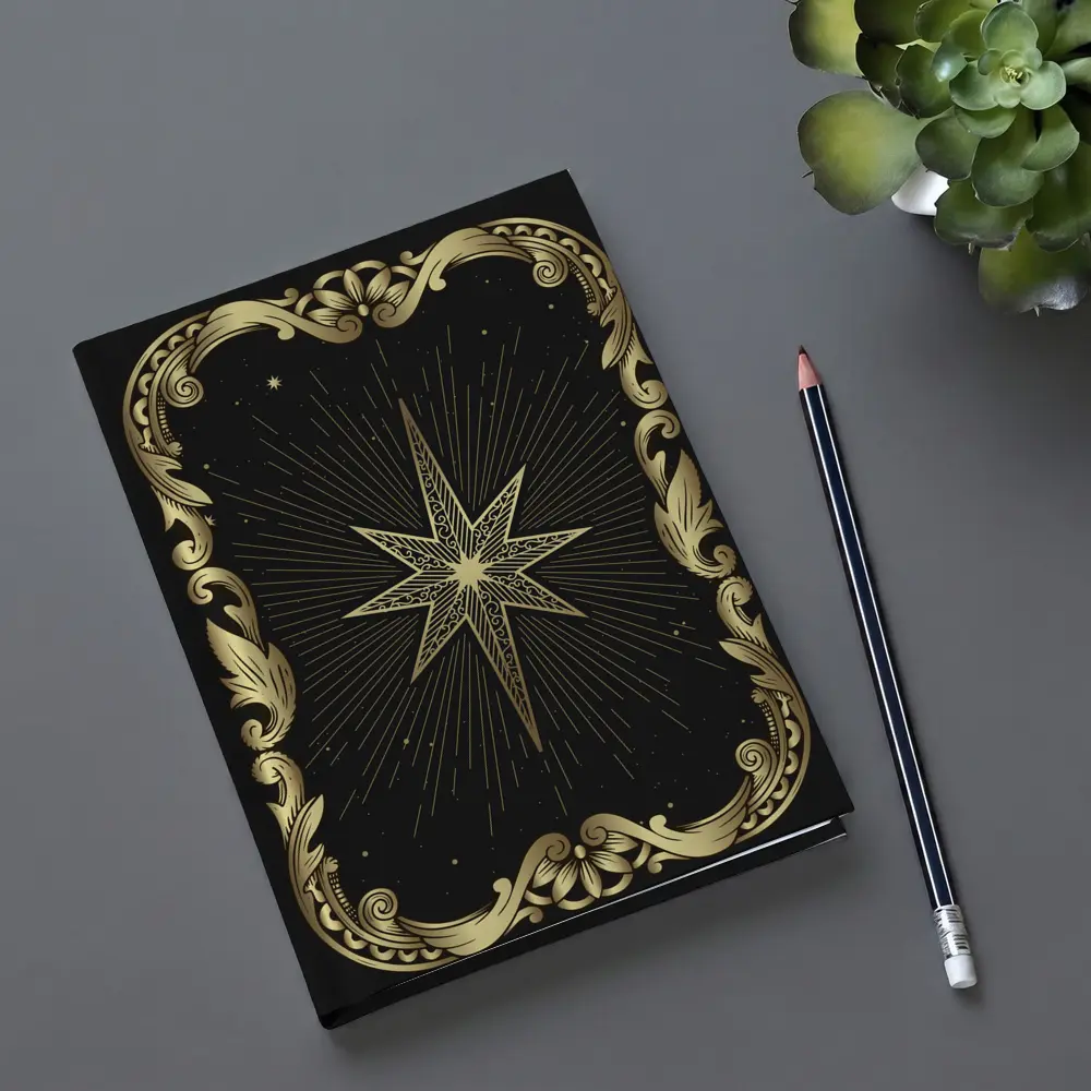 Gold Eight Point Star Black Background – Notebooks
