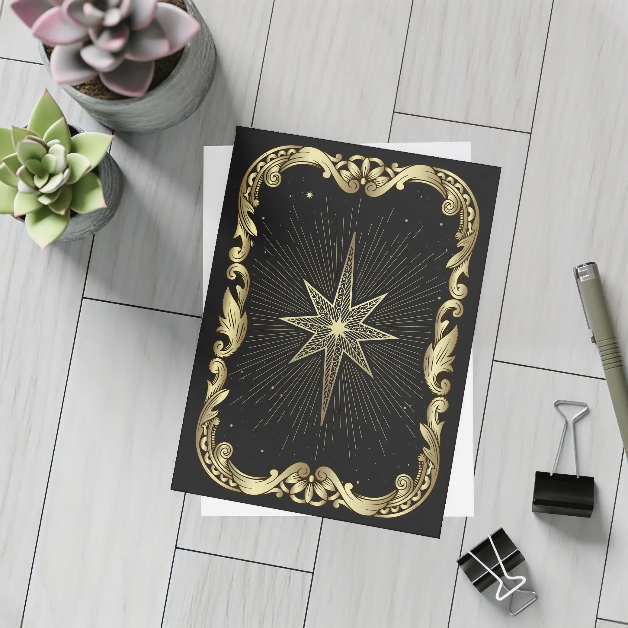 Gold Eight Point Star Black Background – Postcards