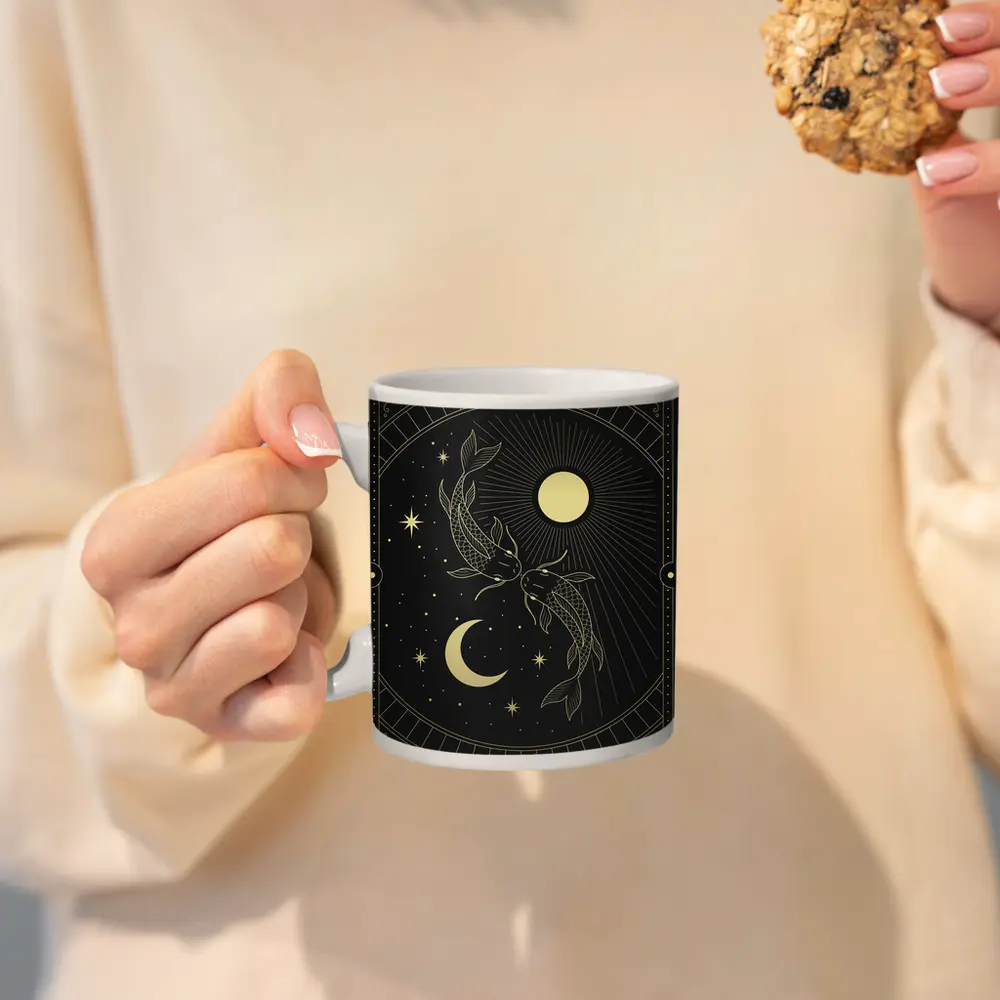 Pisces Koi Fish Black Gold Celestial Art – Mugs