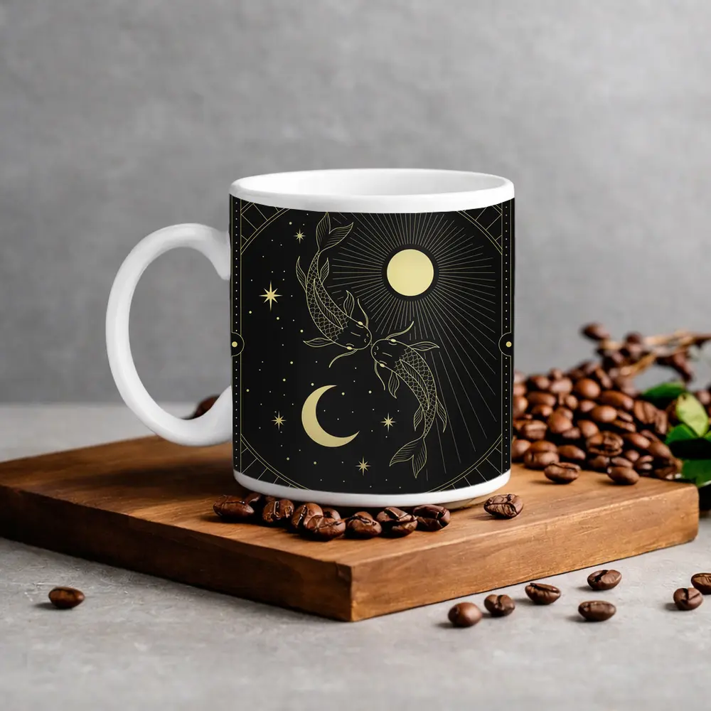 Pisces Koi Fish Black Gold Celestial Art – Mugs