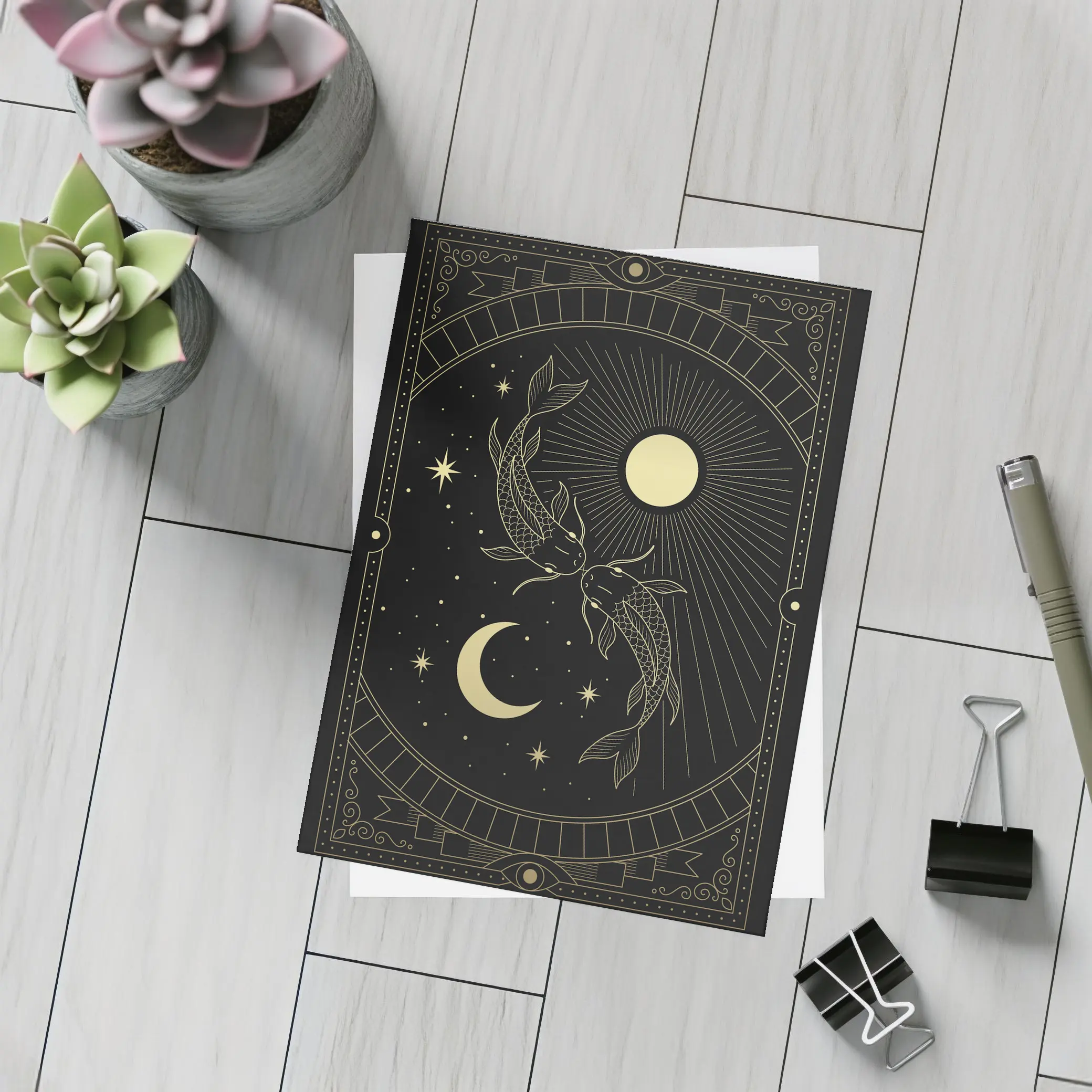 Pisces Koi Fish Black Gold Celestial Art – Postcards
