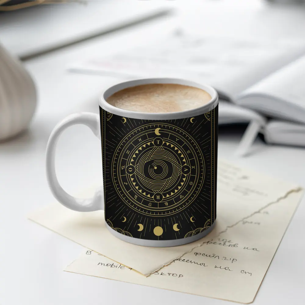 Gold Celestial Moon Phase Mystical Circle Art – Mugs