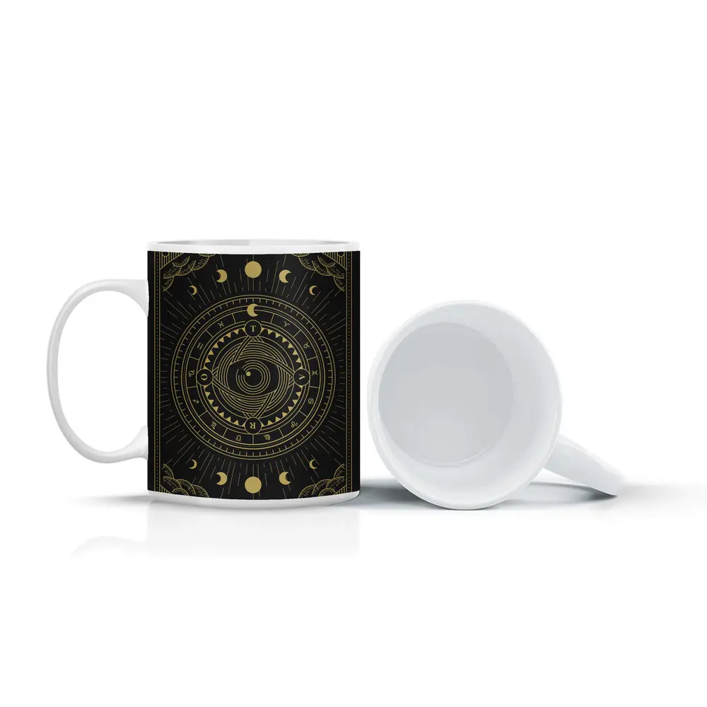 Gold Celestial Moon Phase Mystical Circle Art – Mugs