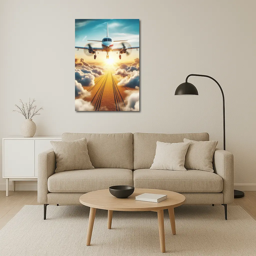 Twin Engine Plane Flying Above Golden Clouds – Wall Art