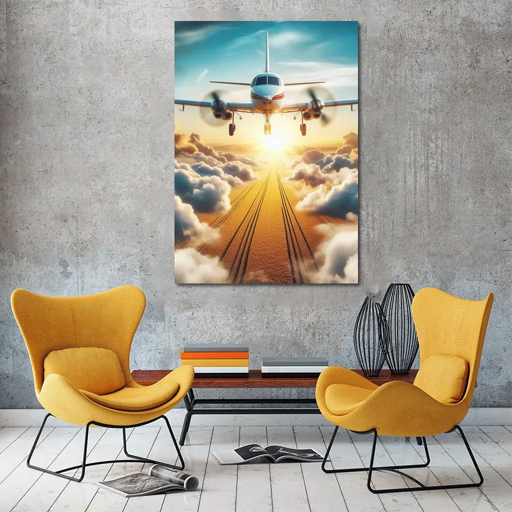 Twin Engine Plane Flying Above Golden Clouds – Wall Art