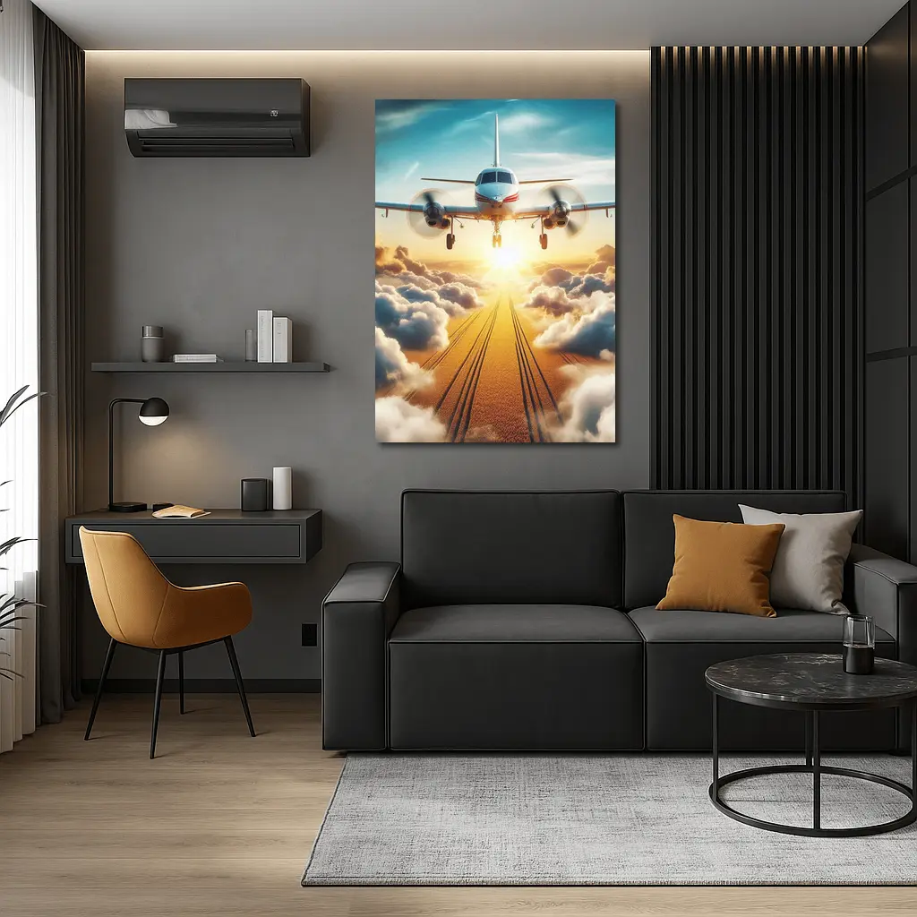 Twin Engine Plane Flying Above Golden Clouds – Wall Art
