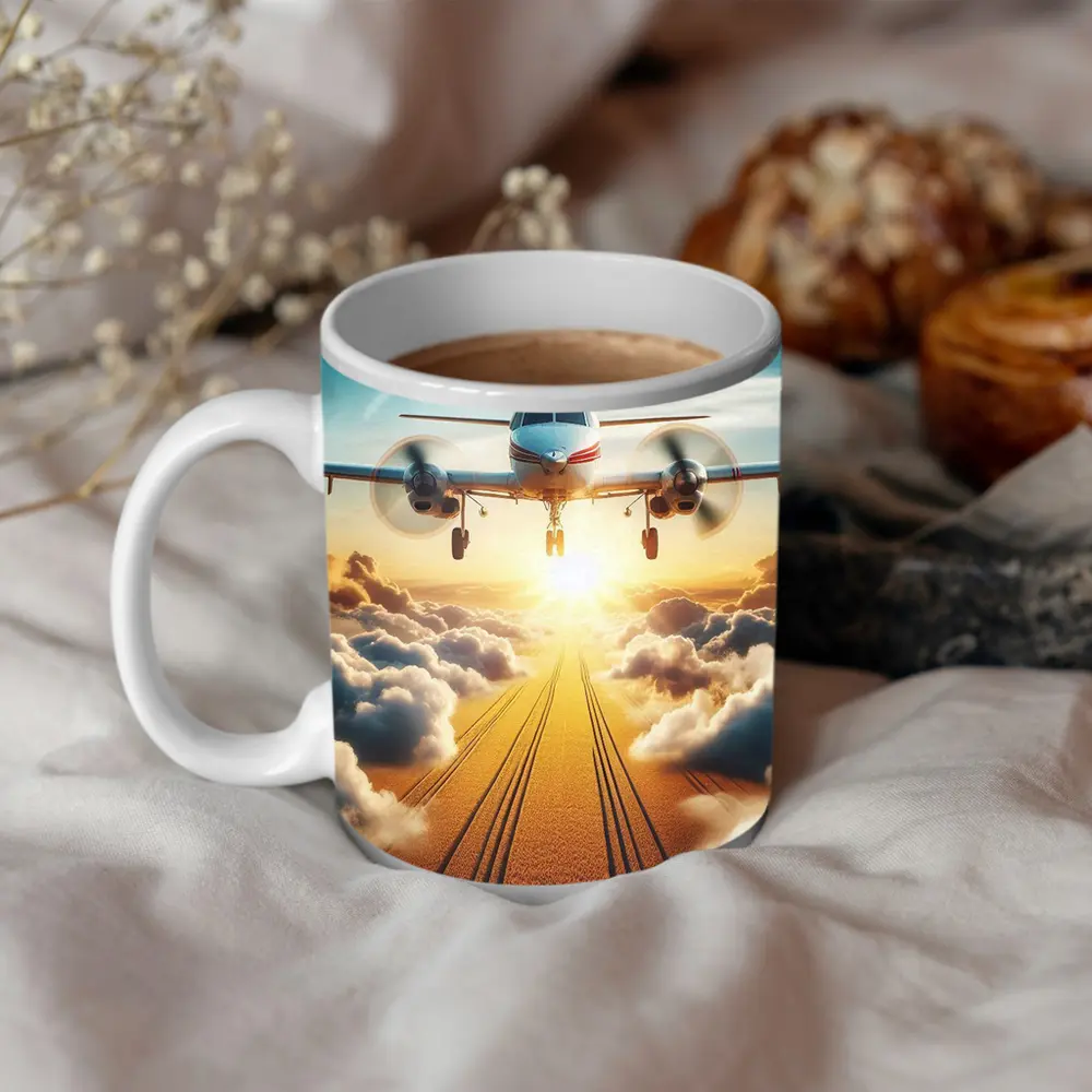 Twin Engine Plane Flying Above Golden Clouds – Mugs