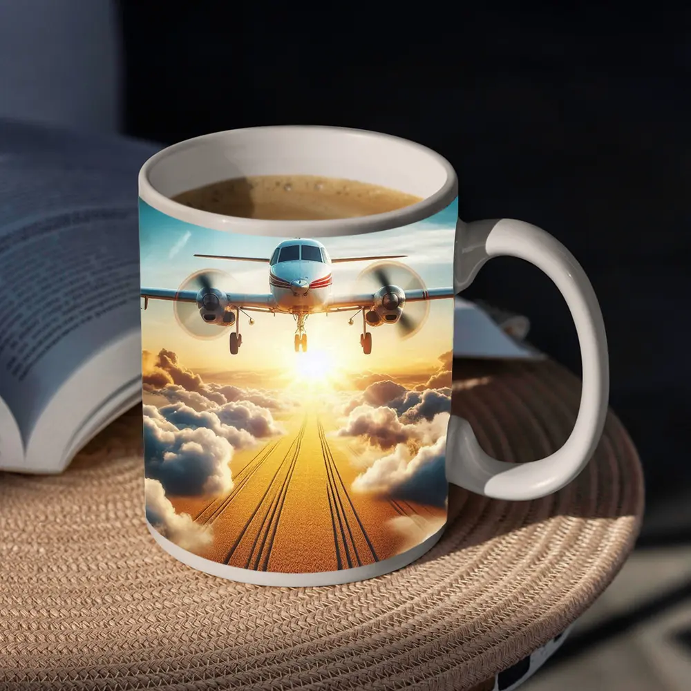 Twin Engine Plane Flying Above Golden Clouds – Mugs