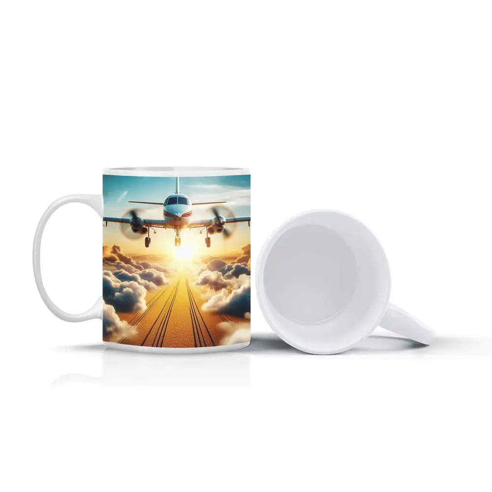 Twin Engine Plane Flying Above Golden Clouds – Mugs