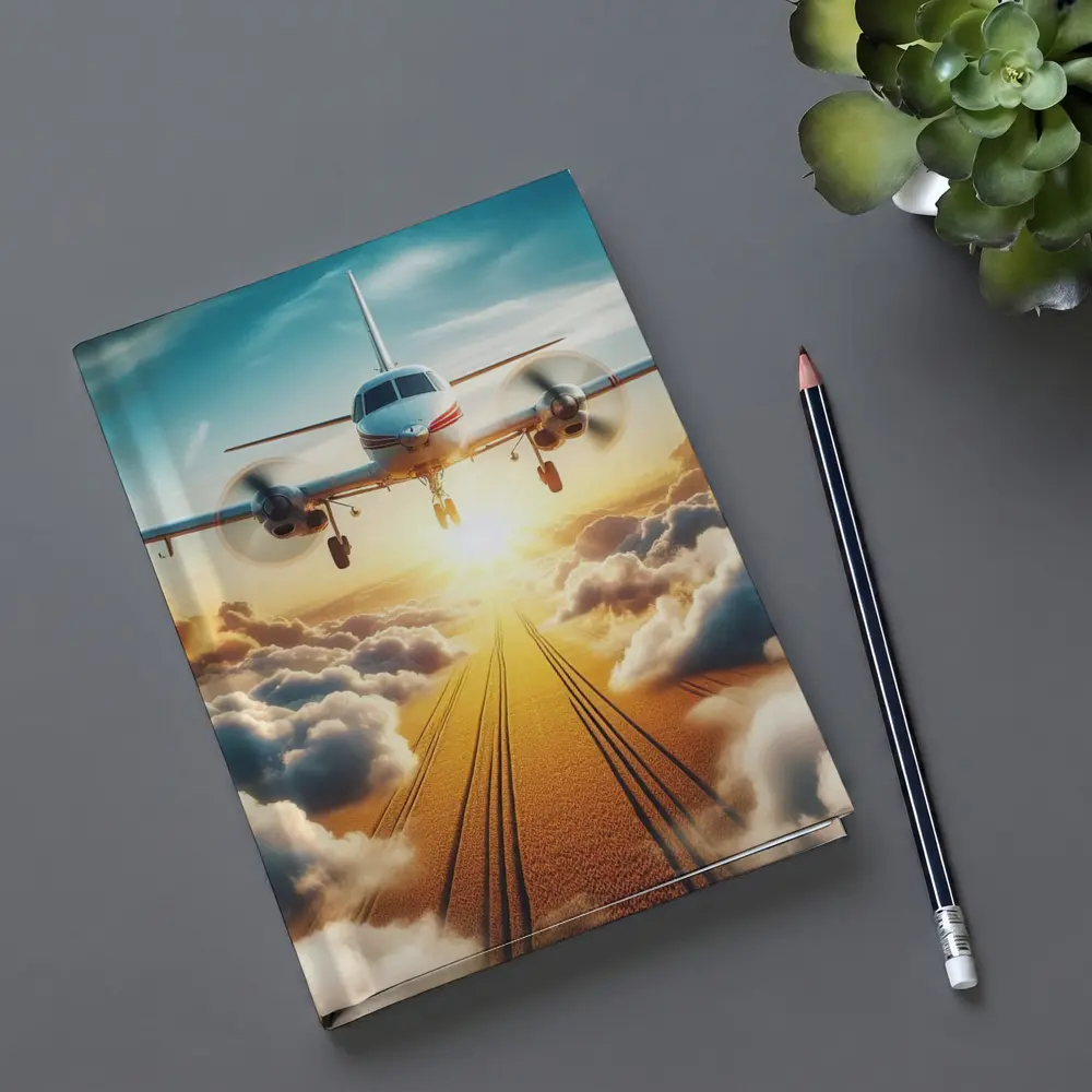 Twin Engine Plane Flying Above Golden Clouds – Notebooks