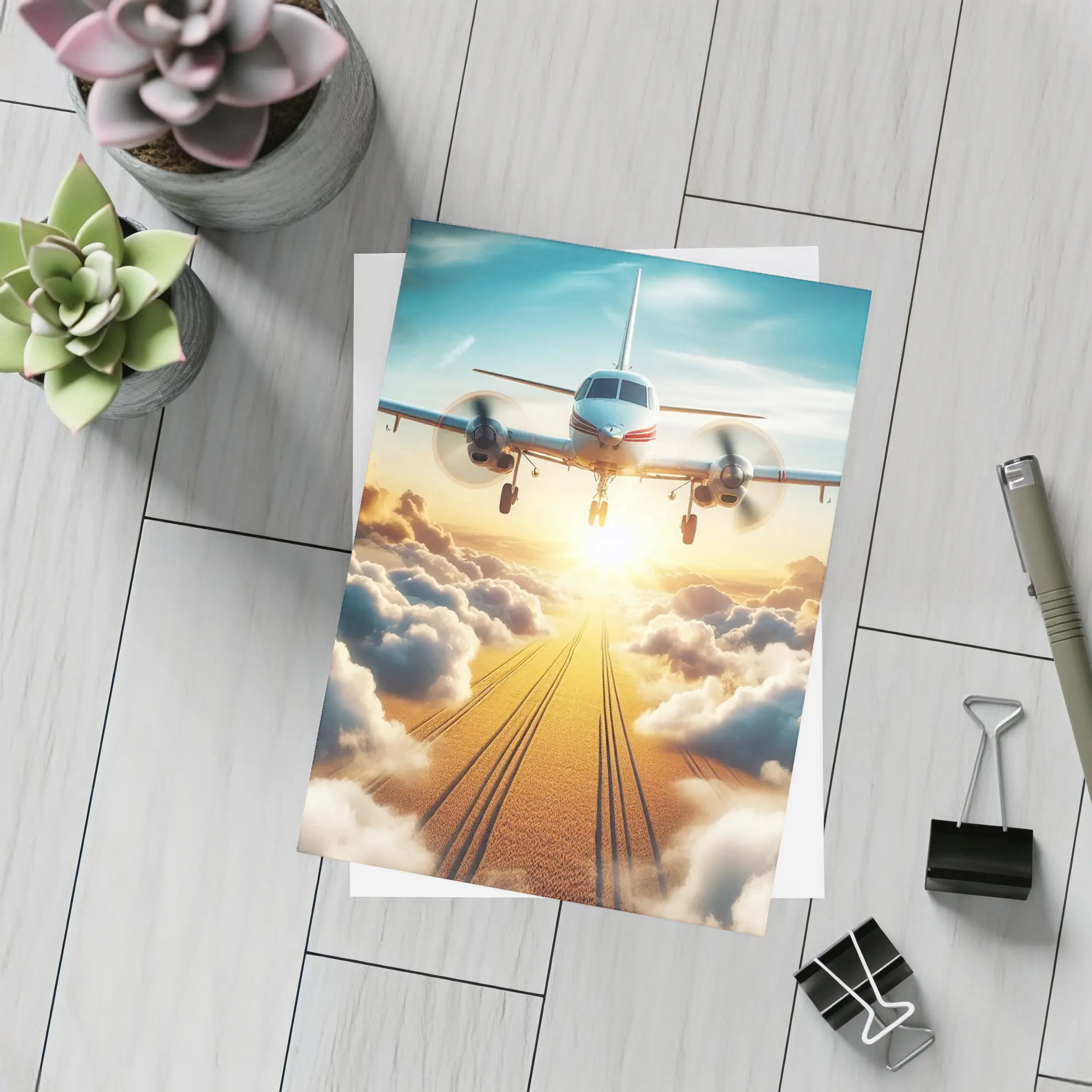 Twin Engine Plane Flying Above Golden Clouds – Postcards