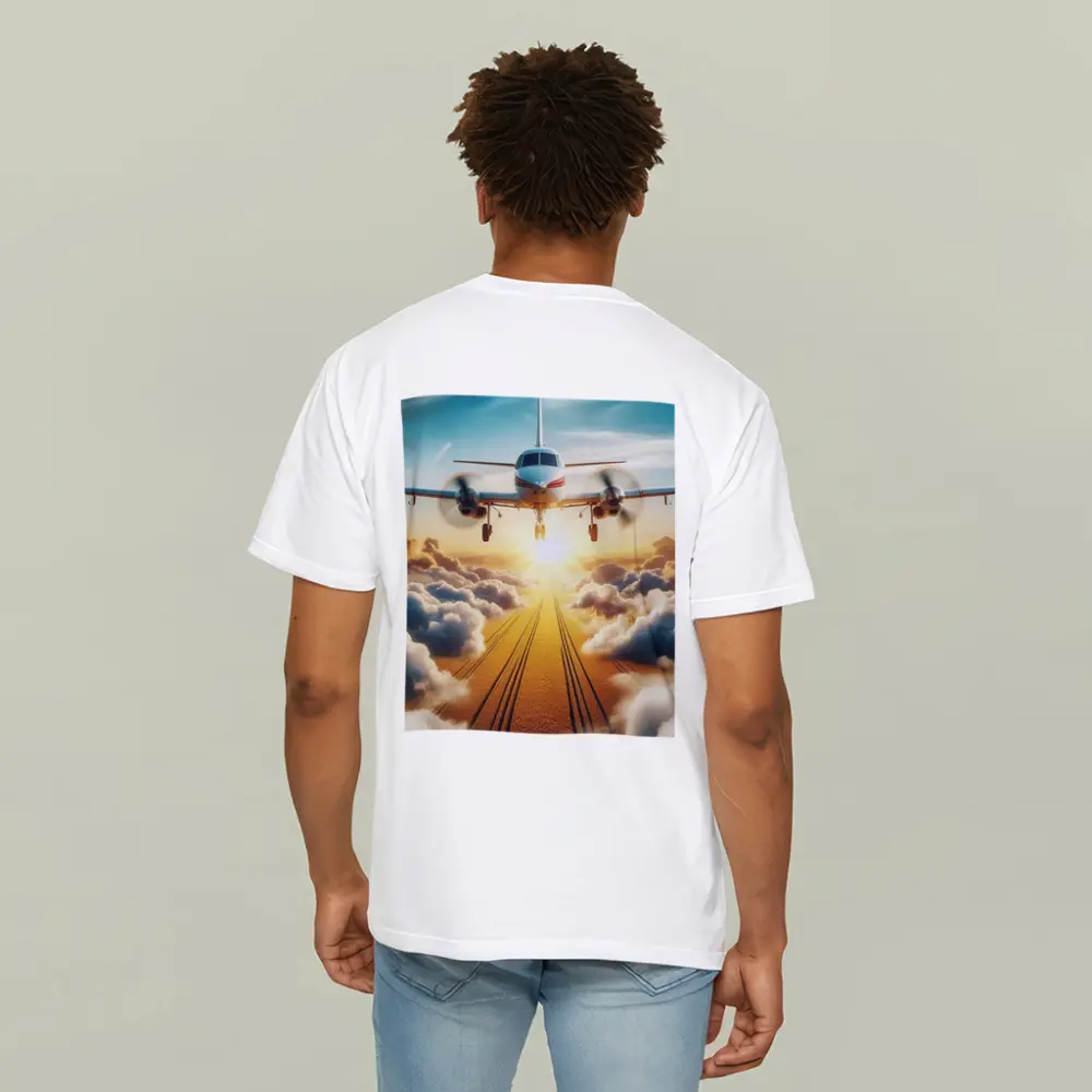 Twin Engine Plane Flying Above Golden Clouds – T-Shirts