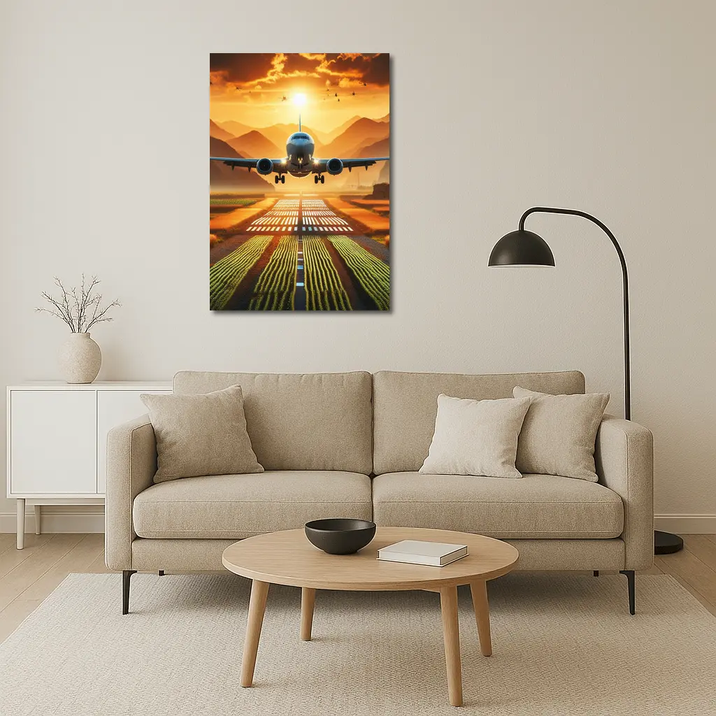 Airplane Taking Off At Golden Sunset – Wall Art